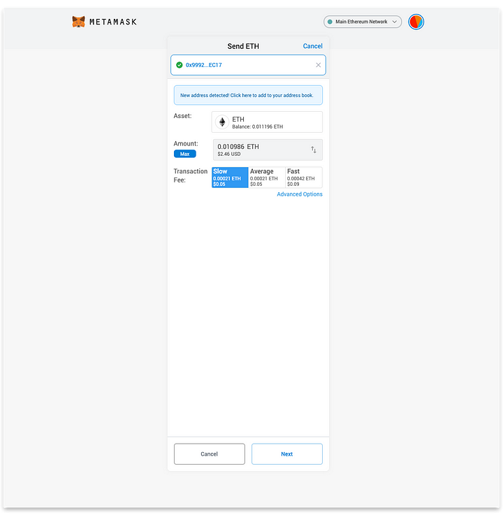 Enter the recipient’s address, the amount to send and choose transaction fee preference. Select “Next”